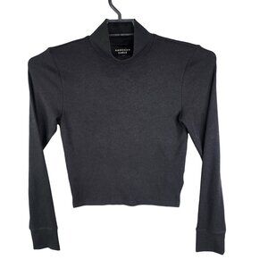 Women's American Eagle Black Crop Top Shirt Mock Neck Ribbed Long Sleeve Size L